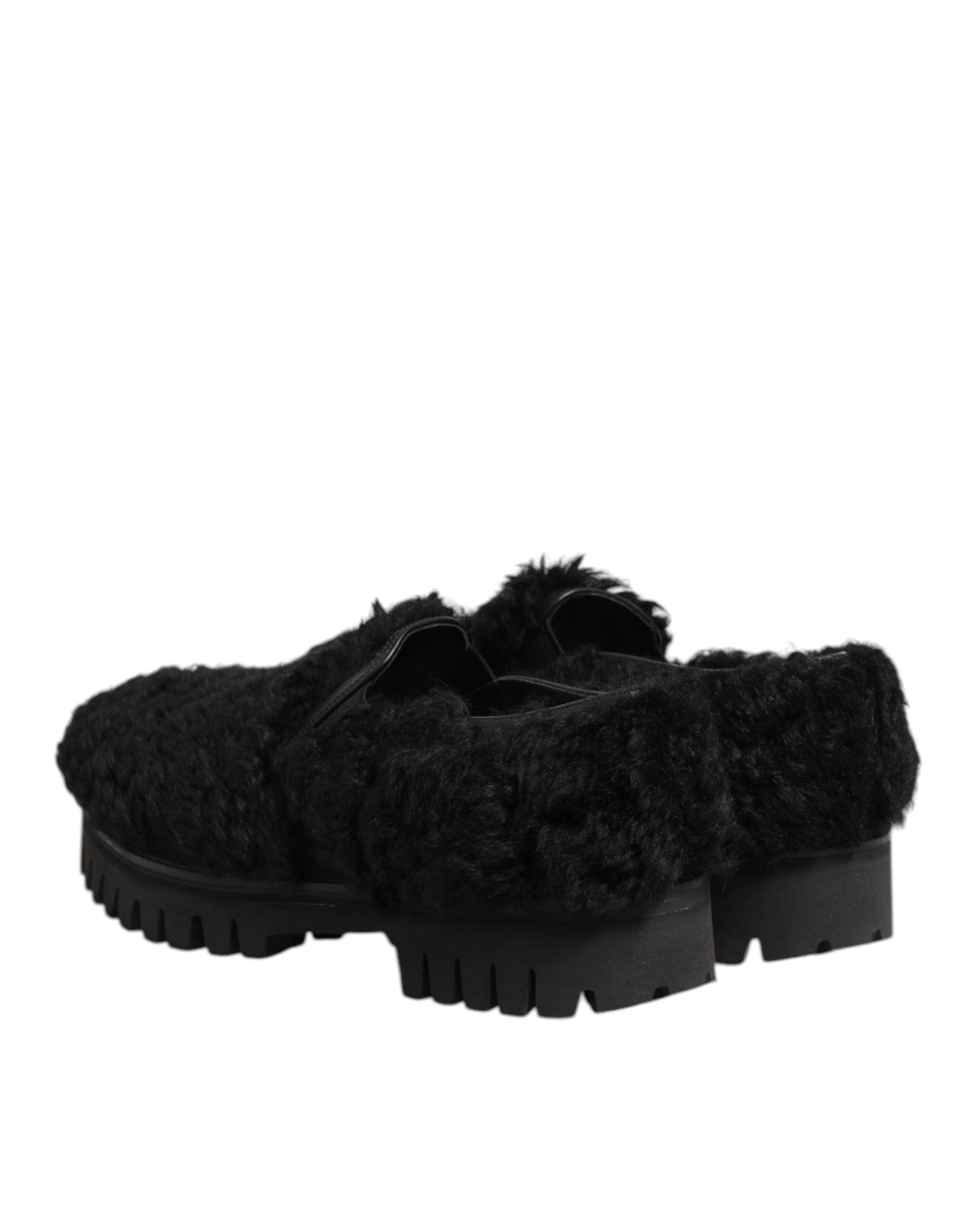 Dolce & Gabbana Dress Black Fur Leather Slippers Men Shoes - ACCEXO