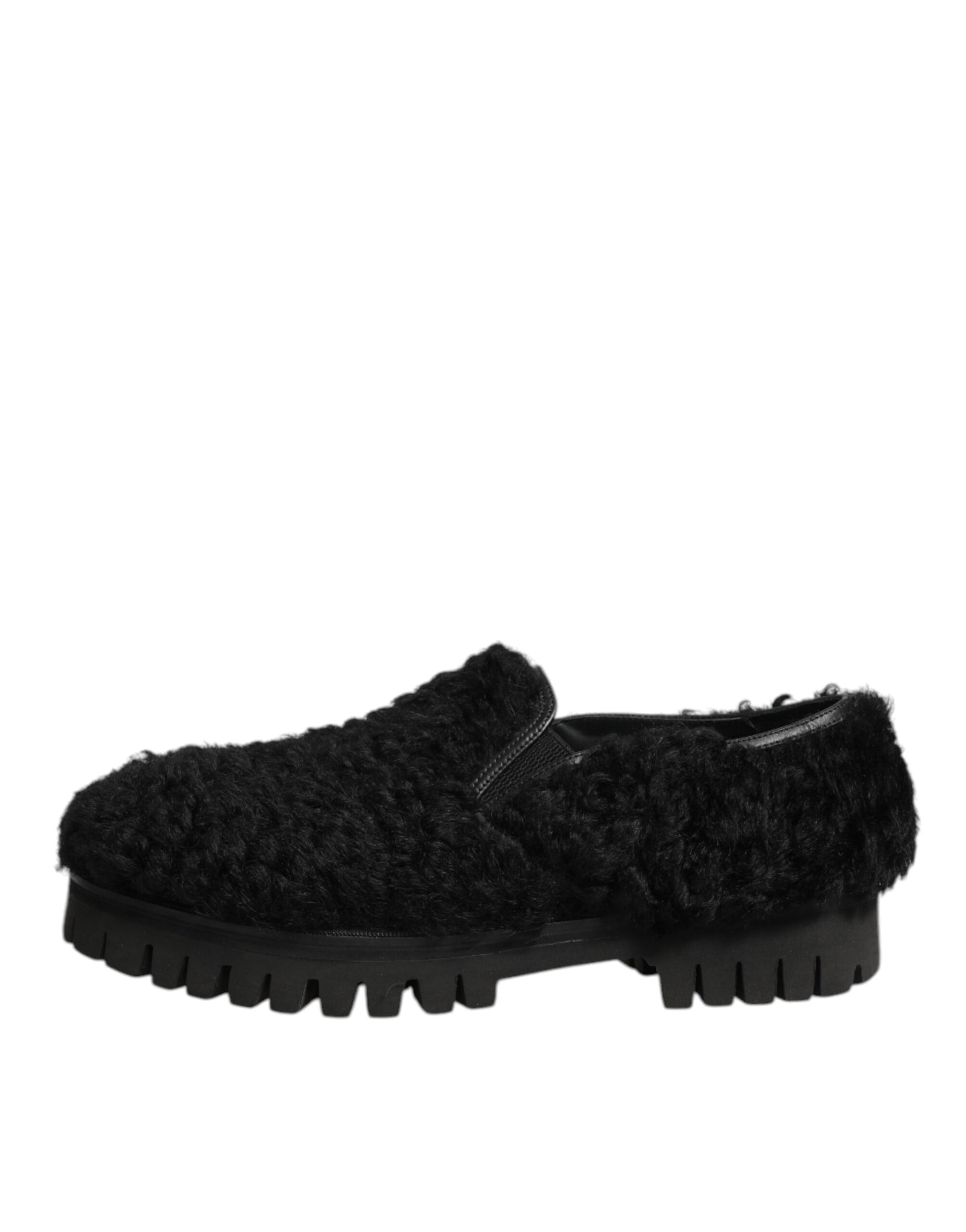 Dolce & Gabbana Dress Black Fur Leather Slippers Men Shoes - ACCEXO