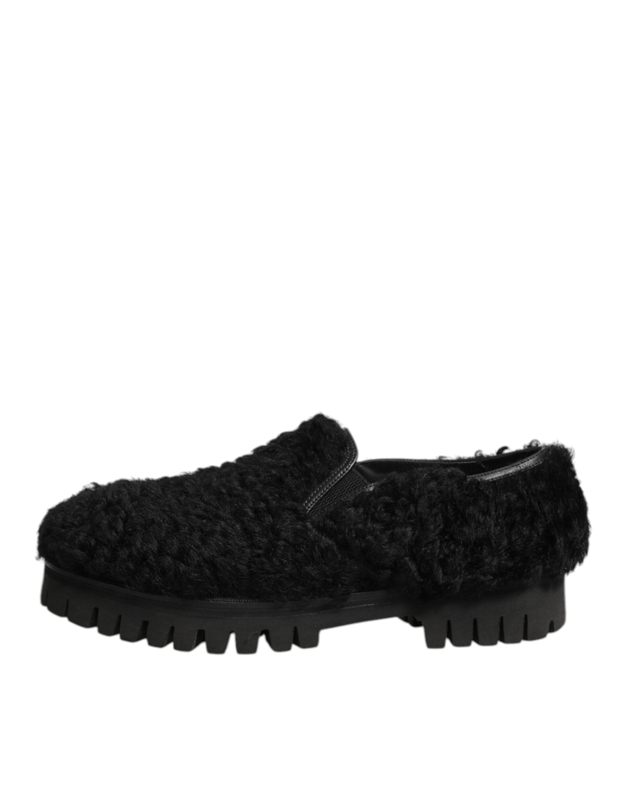 Dolce & Gabbana Dress Black Fur Leather Slippers Men Shoes - ACCEXO