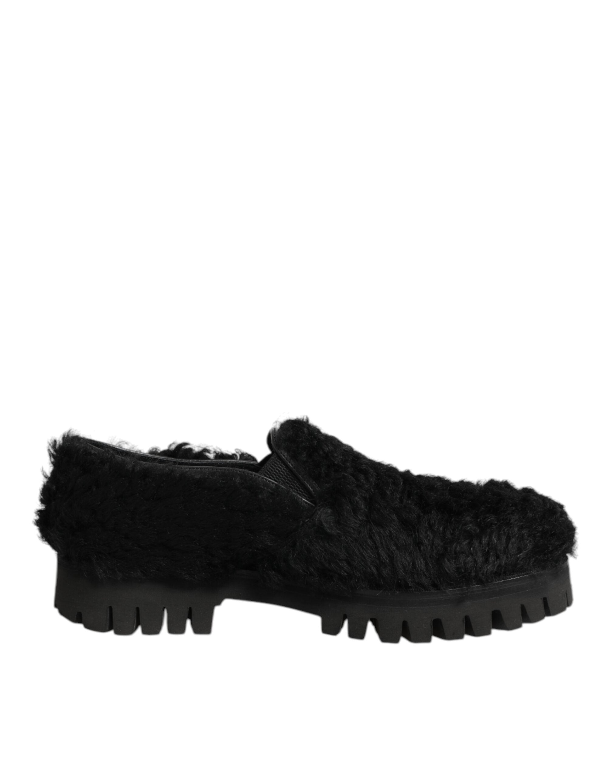 Dolce & Gabbana Dress Black Fur Leather Slippers Men Shoes - ACCEXO