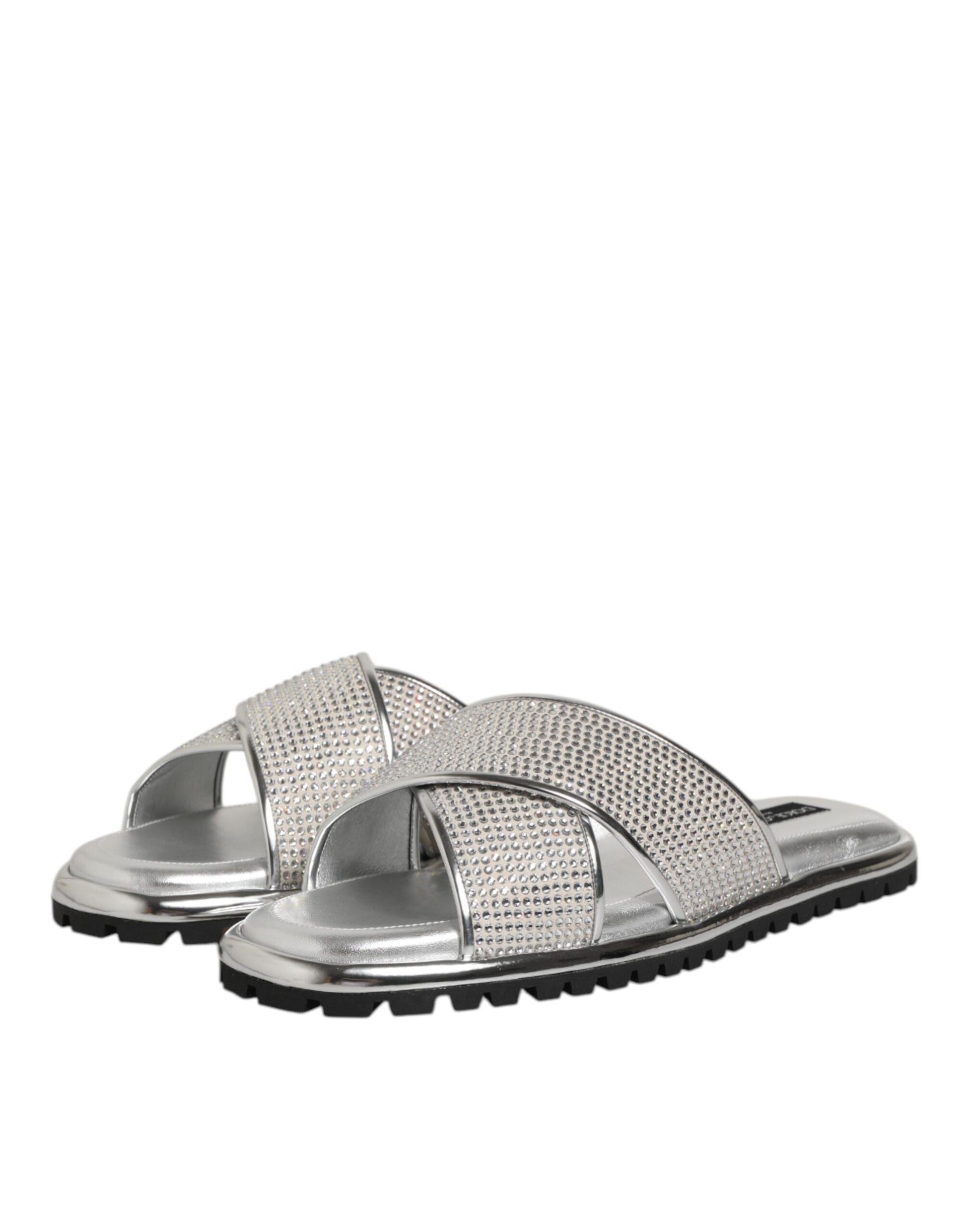 Dolce & Gabbana Silver Strass Slides Flats Slippers Shoes - ACCEXO