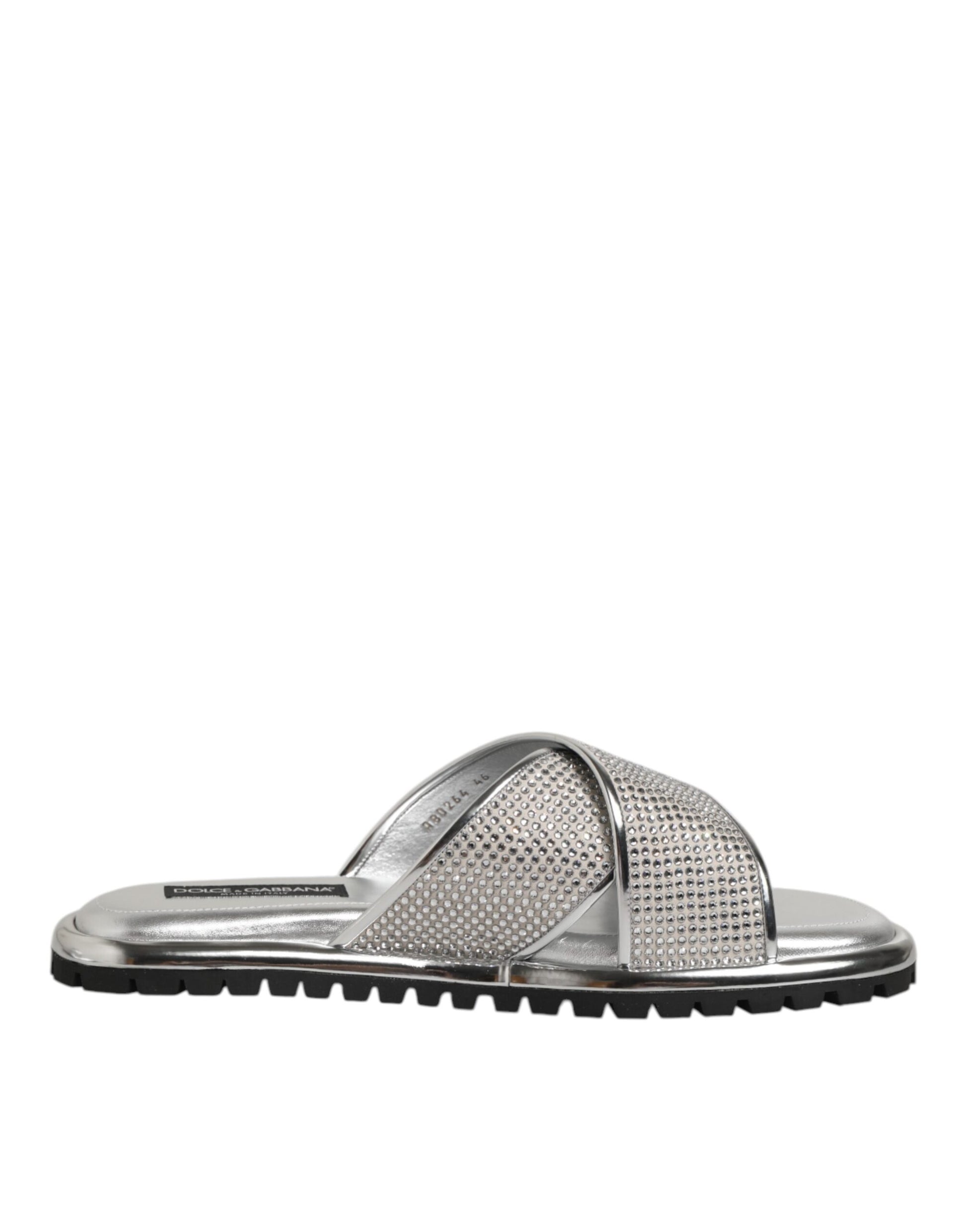 Dolce & Gabbana Silver Strass Slides Flats Slippers Shoes - ACCEXO