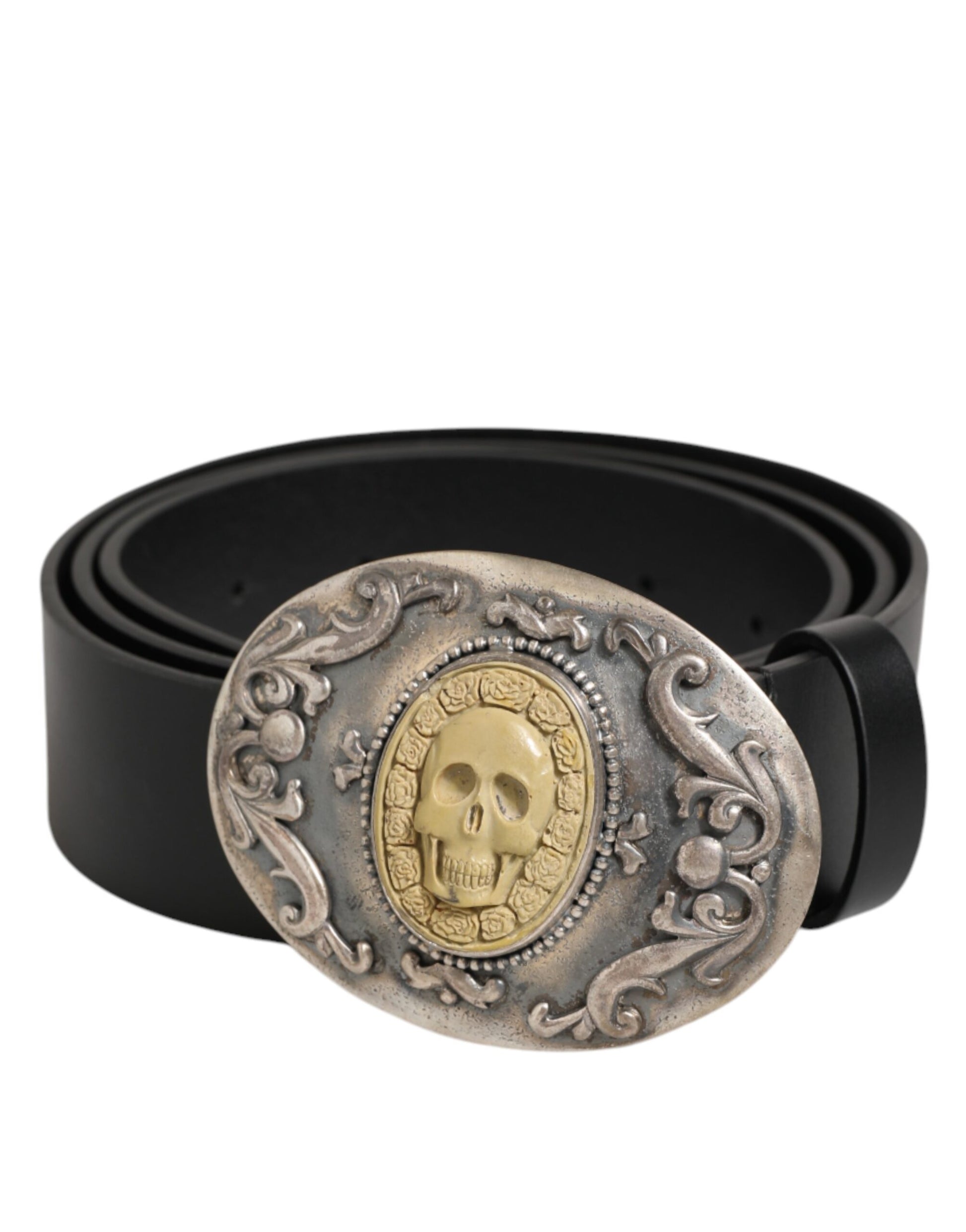 Dolce & Gabbana Black Leather Ornate Metal Buckle Men Belt - ACCEXO
