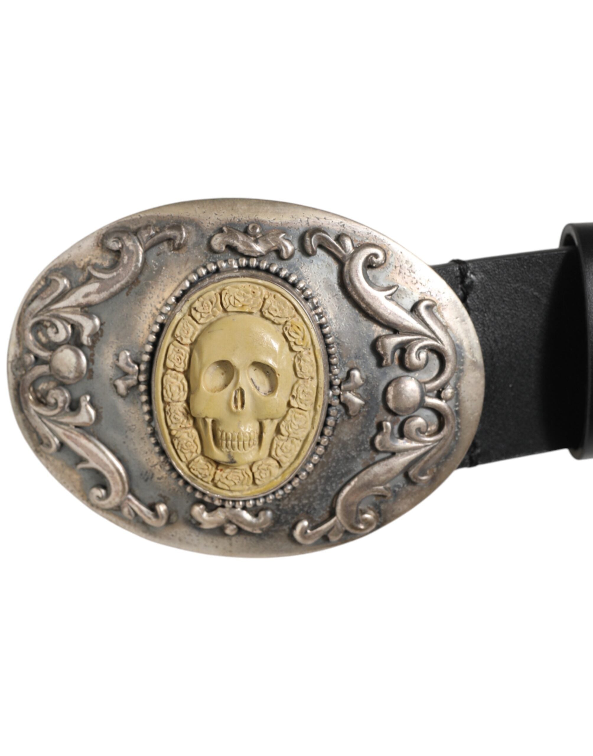 Dolce & Gabbana Black Leather Ornate Metal Buckle Men Belt - ACCEXO