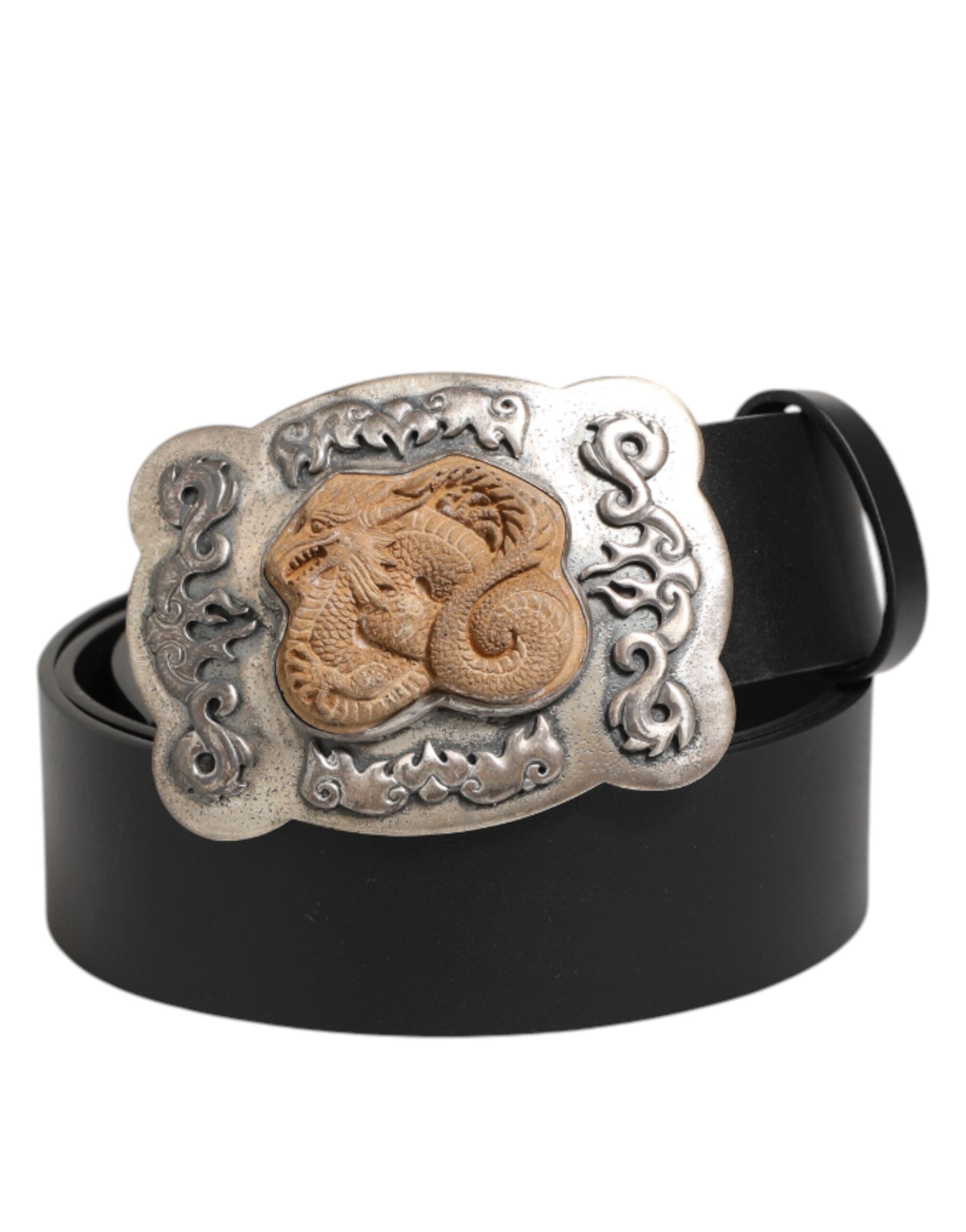 Dolce & Gabbana Black Leather Gothic Dragon Metal Buckle Belt for Men