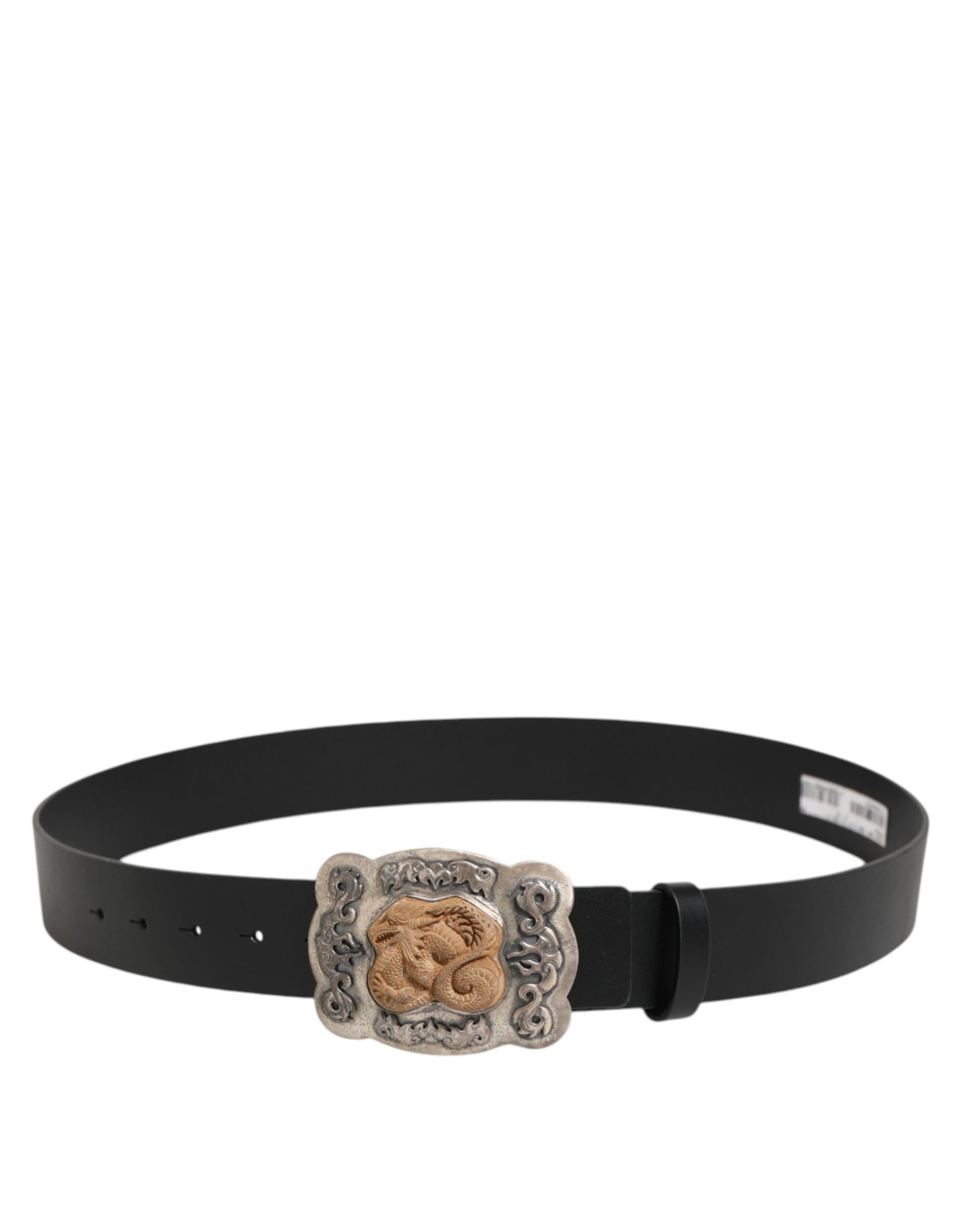 Dolce & Gabbana Black Leather Gothic Dragon Metal Buckle Belt - ACCEXO