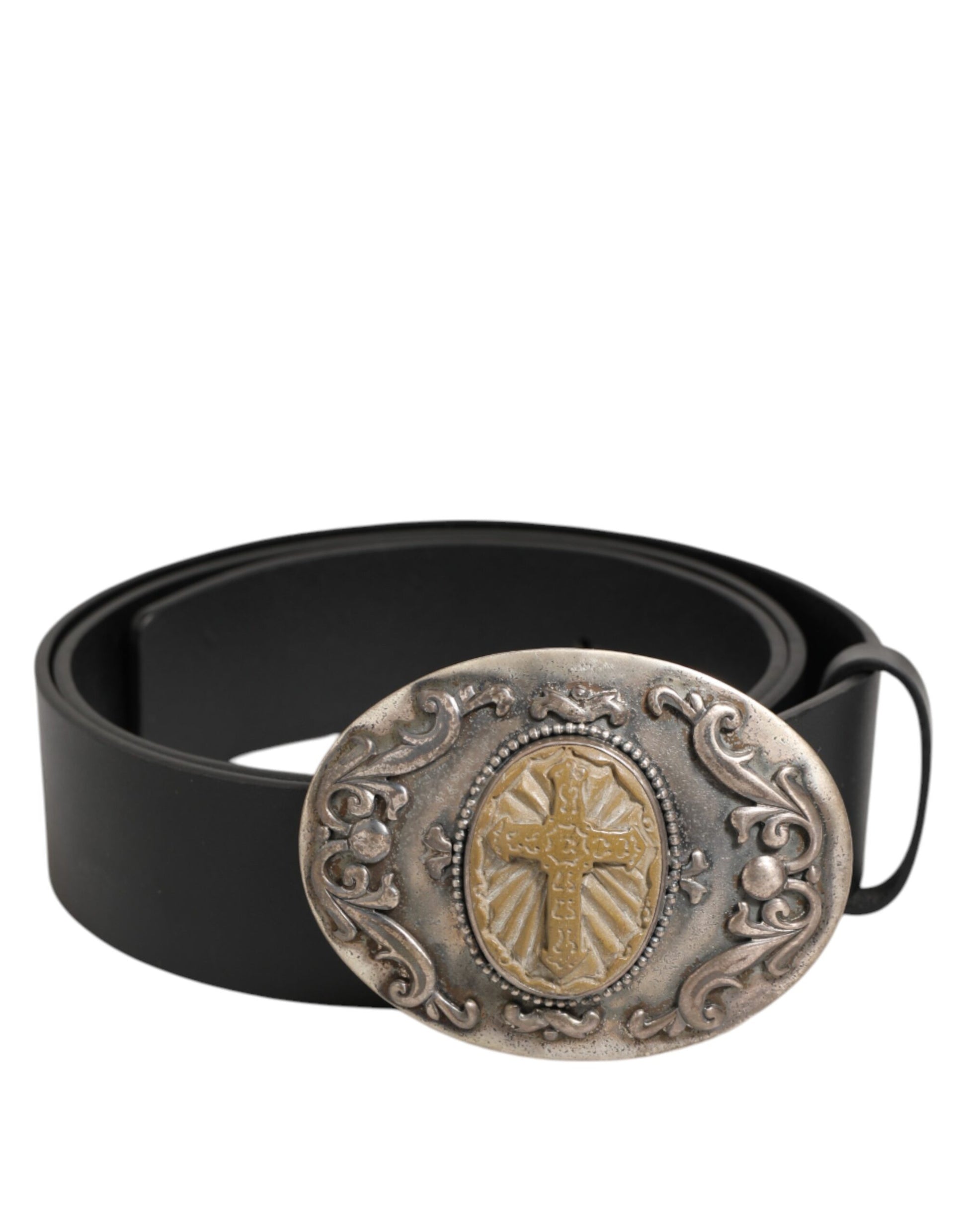 Dolce & Gabbana Black Leather Ornate Metal Buckle Men Belt - ACCEXO