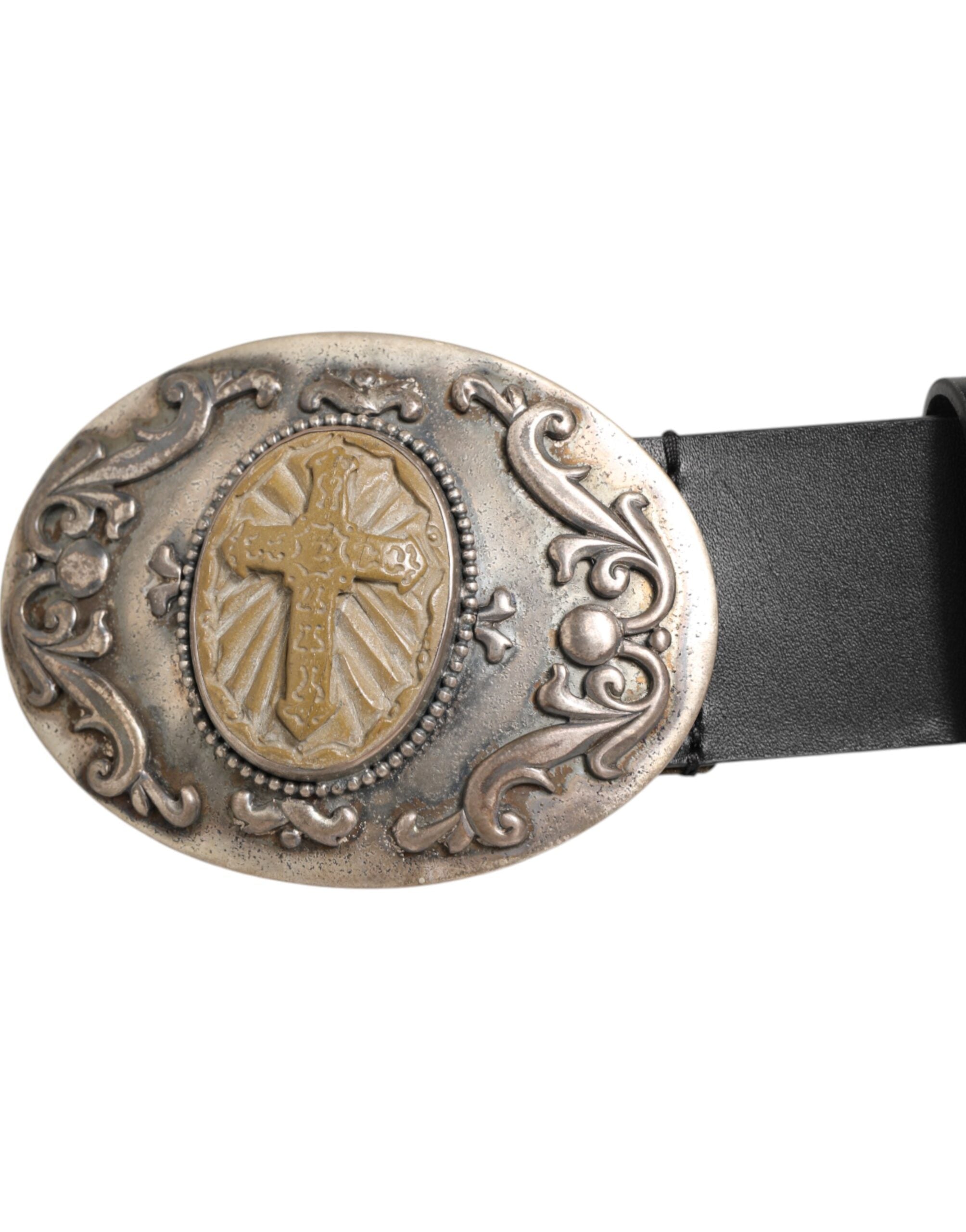 Dolce & Gabbana Black Leather Ornate Metal Buckle Men Belt - ACCEXO
