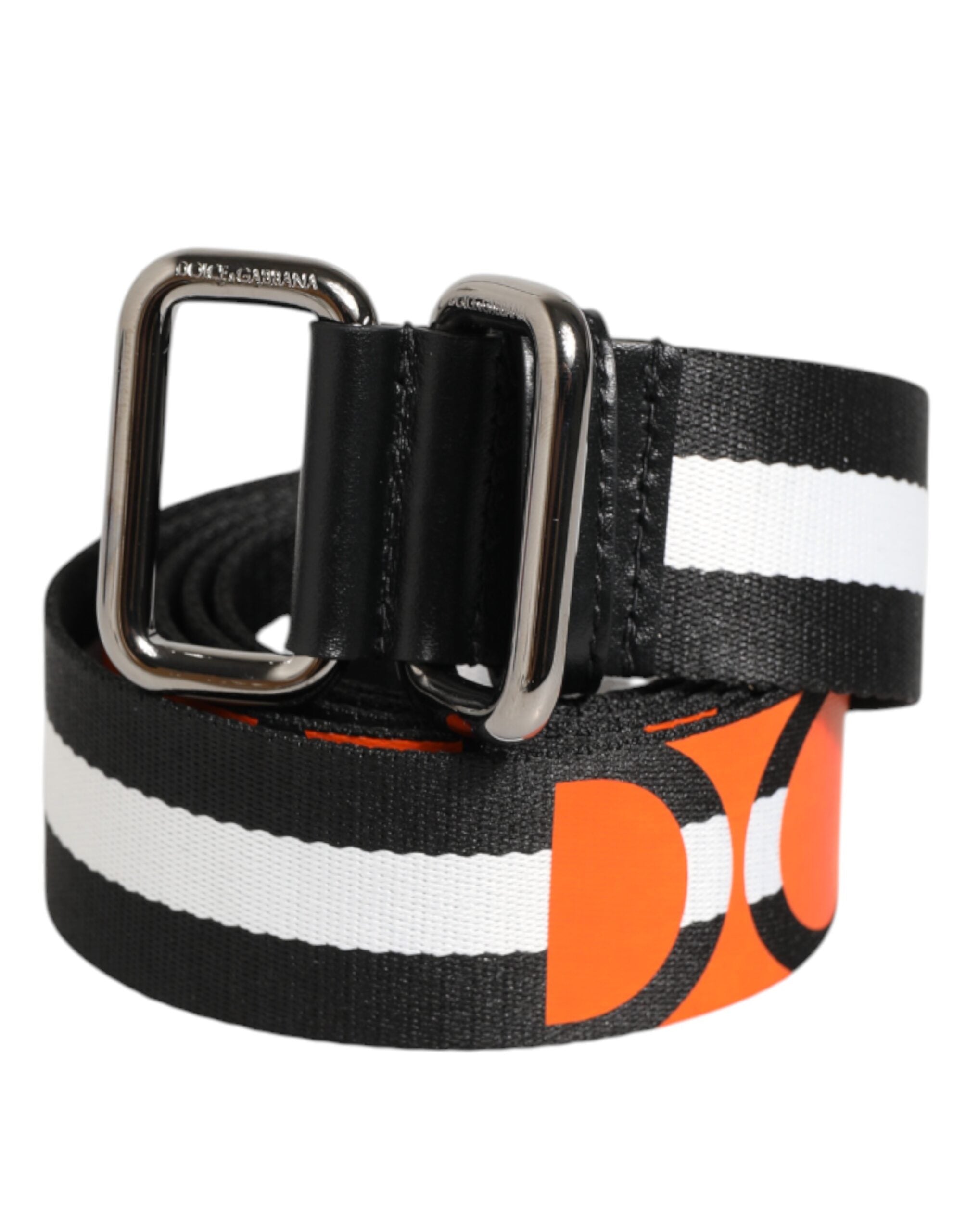 Dolce & Gabbana Black White Striped Logo Metal Buckle Belt for Men