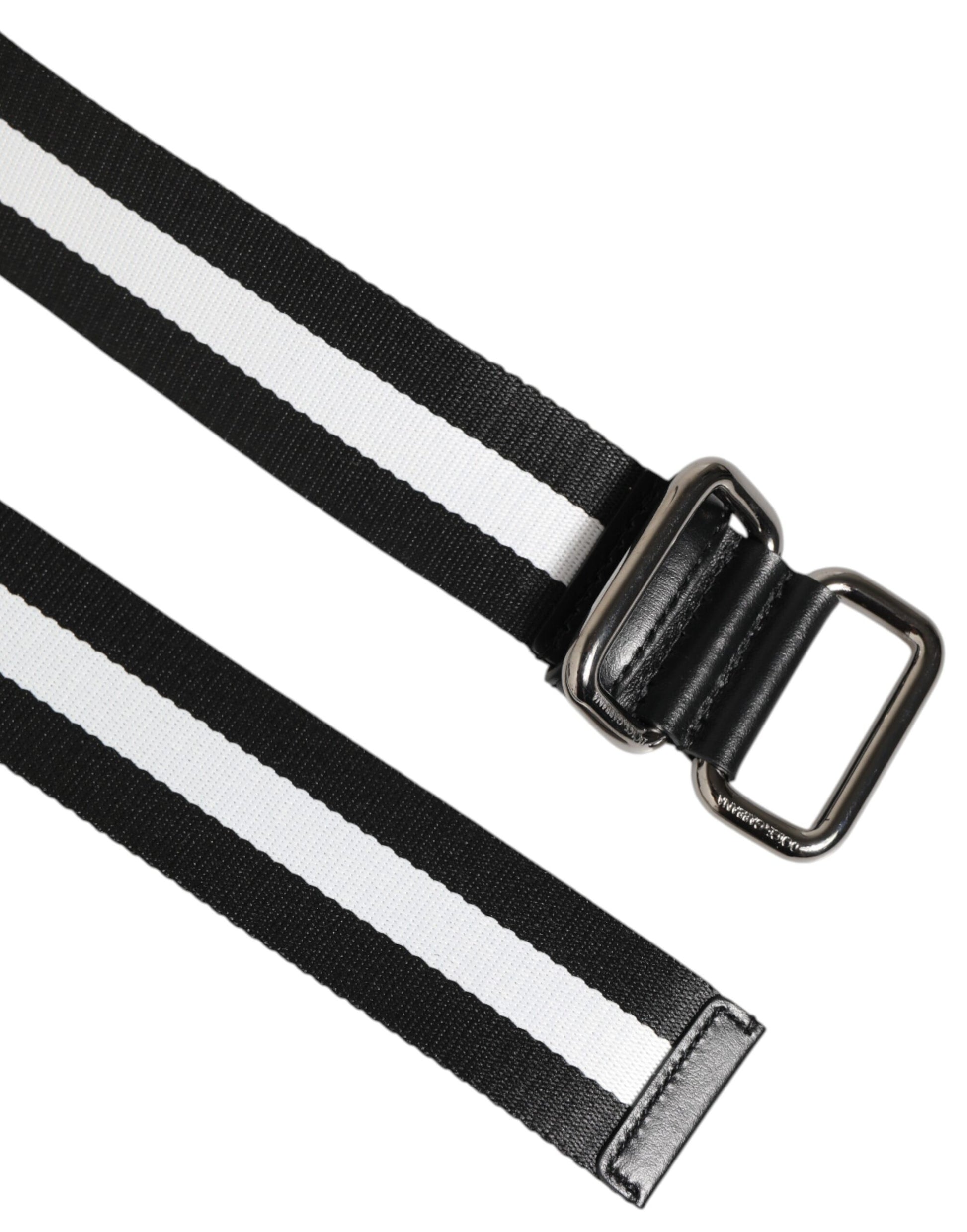 Dolce & Gabbana Black White Striped Logo Metal Buckle Belt - ACCEXO