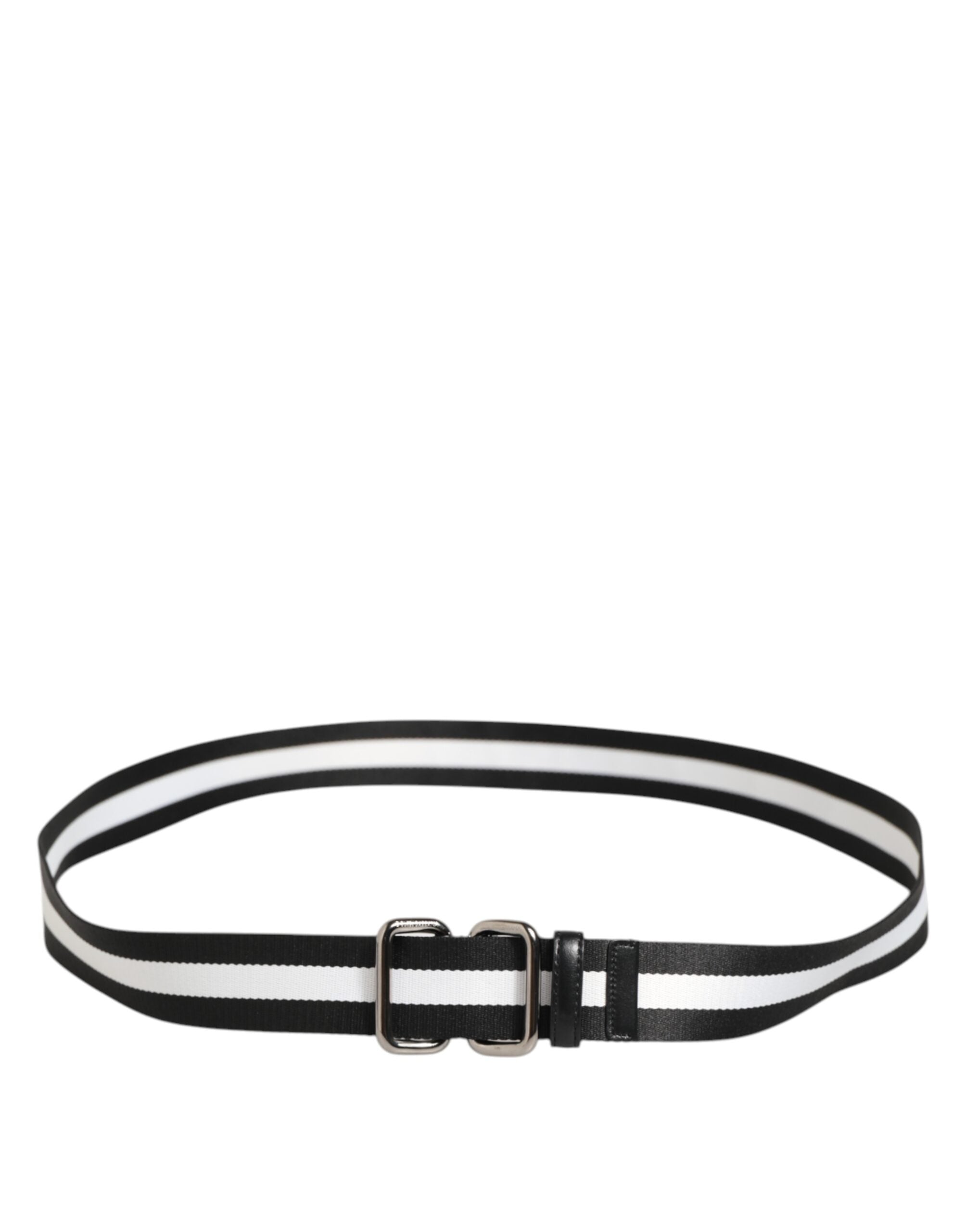Dolce & Gabbana Black White Striped Logo Metal Buckle Belt - ACCEXO