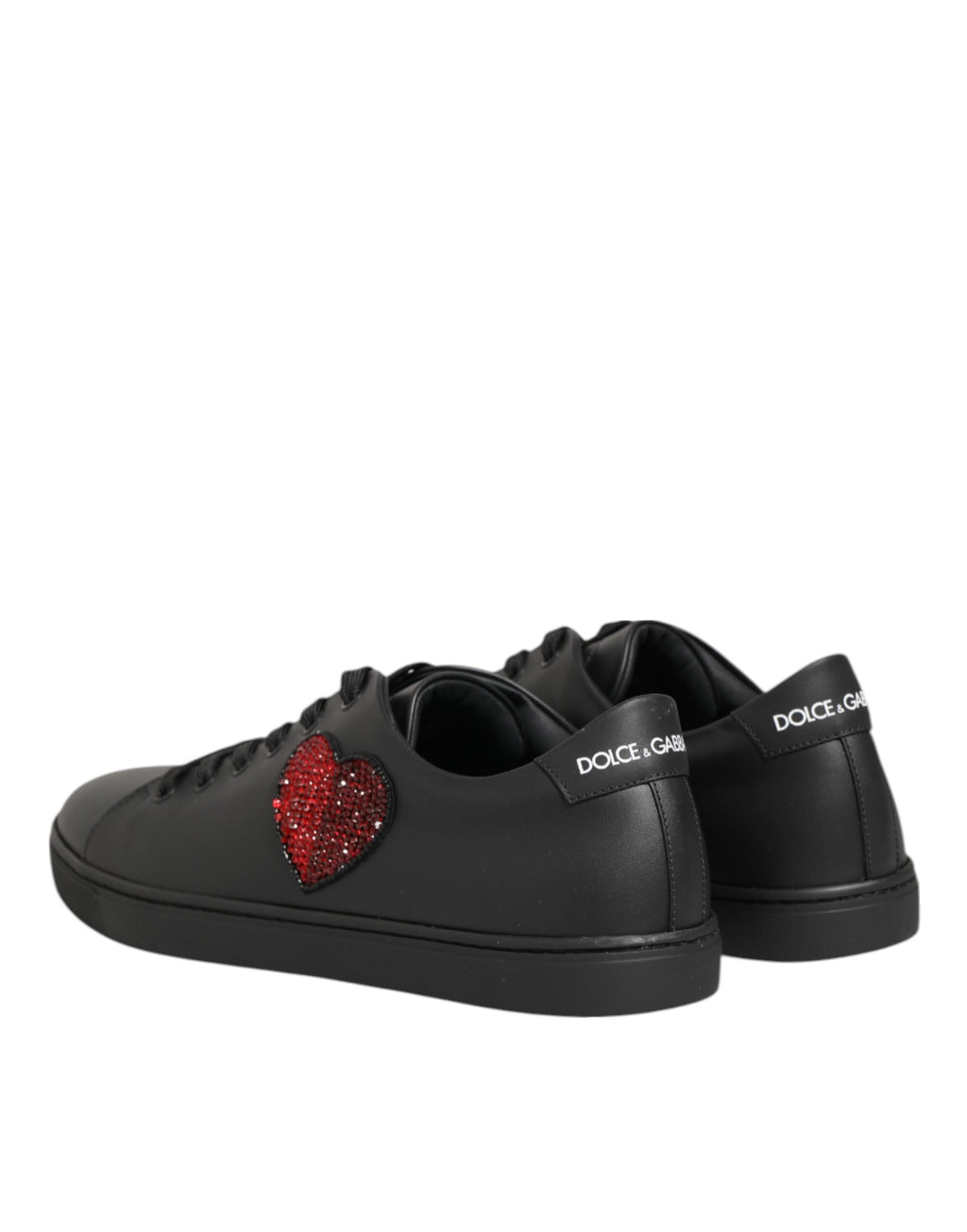Dolce & Gabbana Black Leather Crystal Heart Sneakers  Shoes - ACCEXO