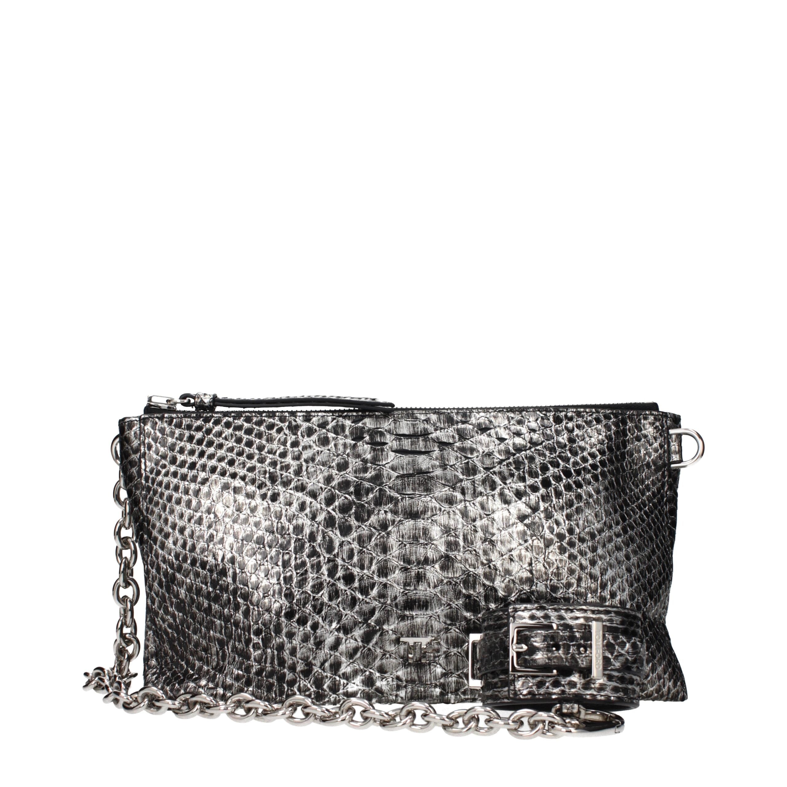 Silver metallic clutch bag with chain detail on a white background