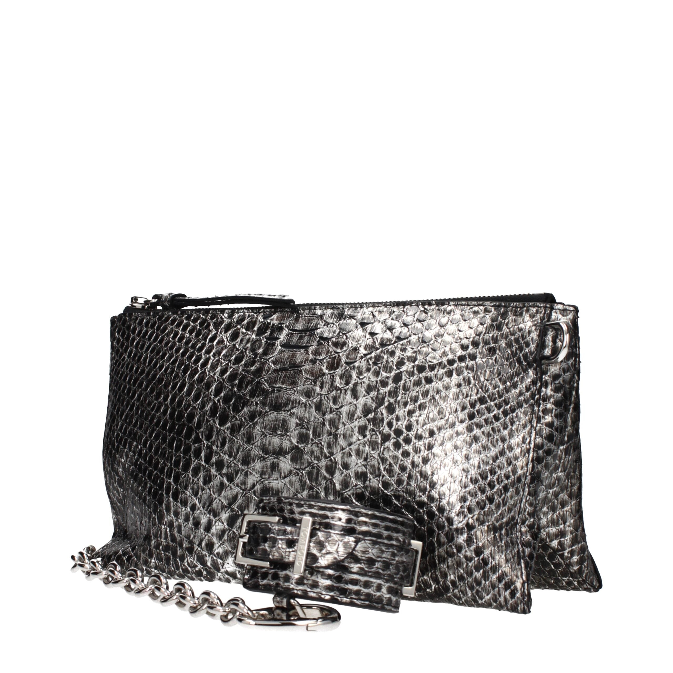 Silver metallic clutch bag with chain detail on a white background