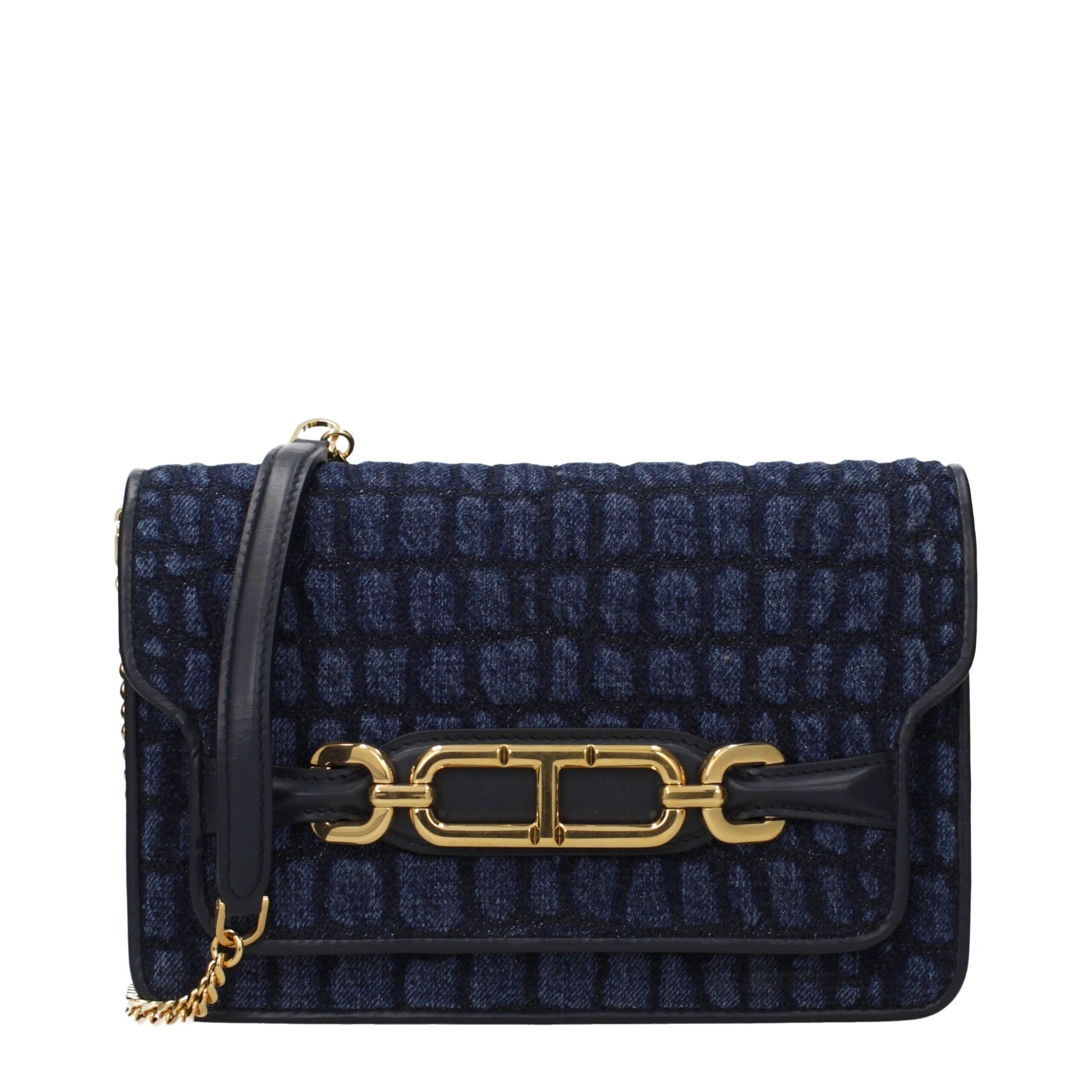 Navy blue textured handbag with gold chain detail on a white background