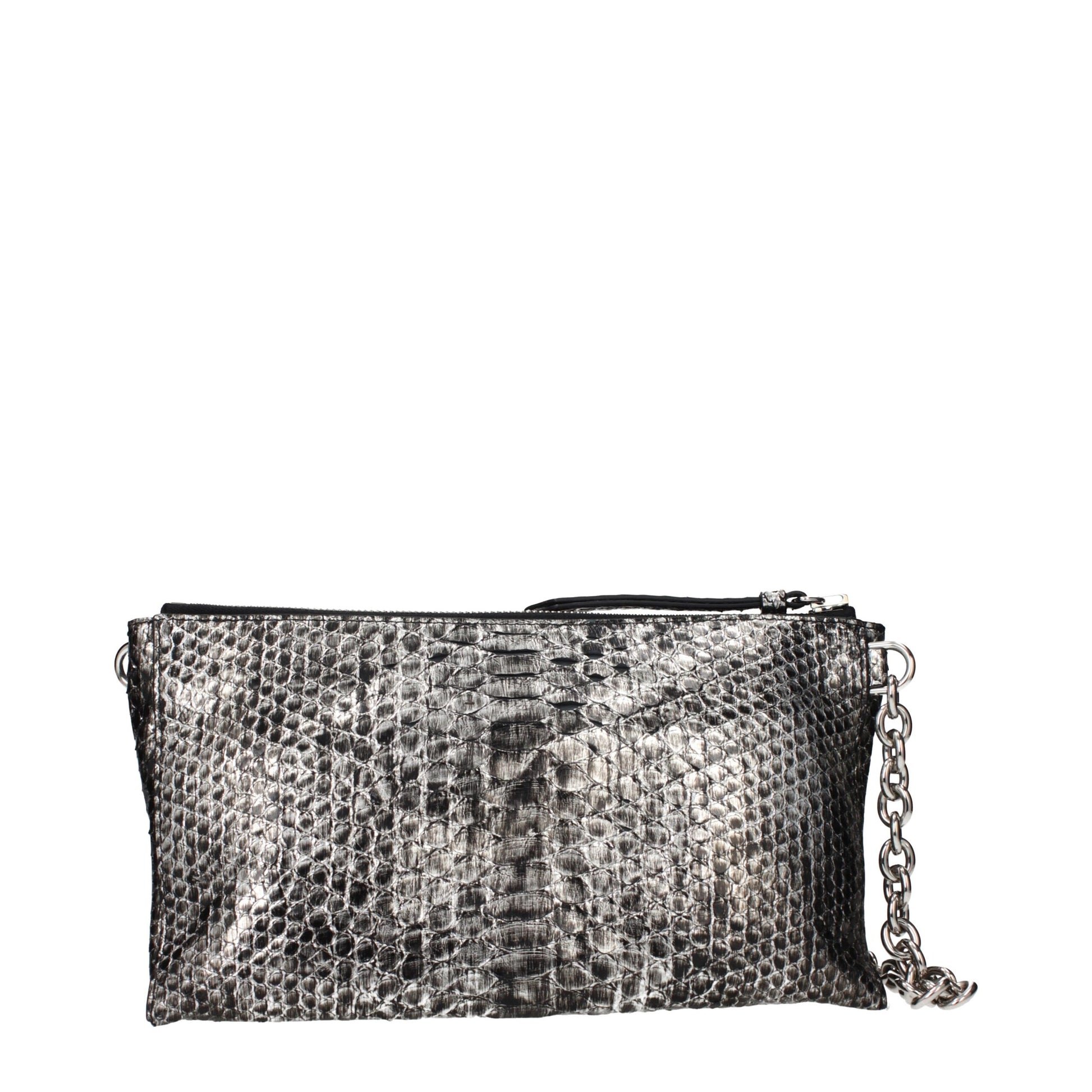 Silver textured clutch bag with a chain strap on a white background