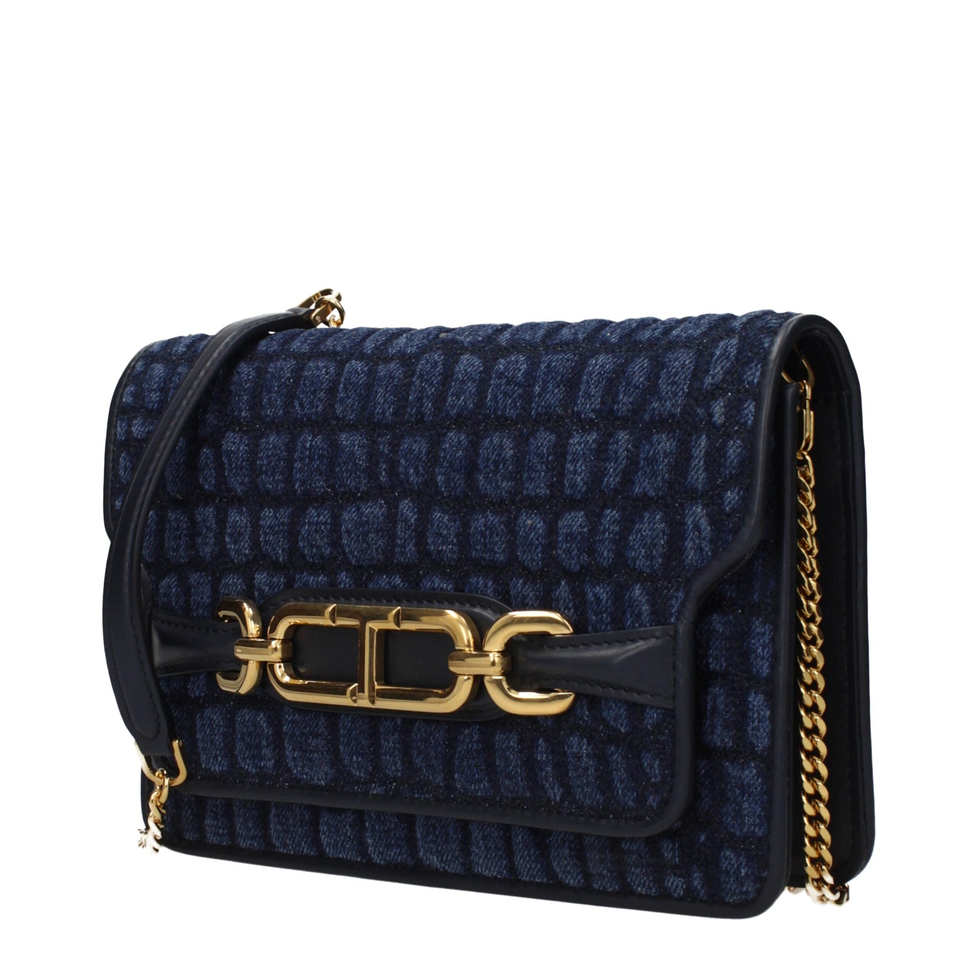 Blue textured handbag with gold chain and clasp on a white background