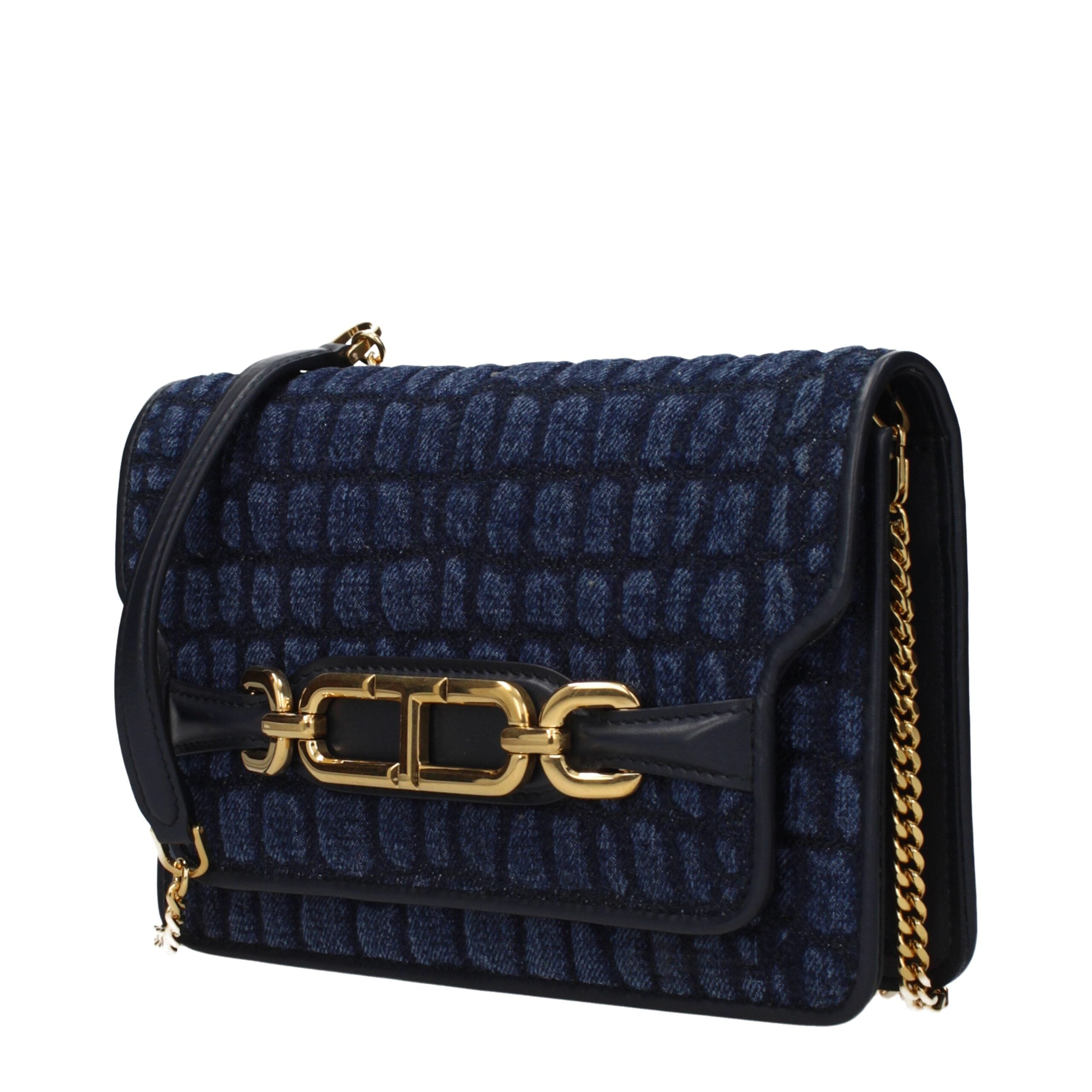 Blue textured handbag with gold chain and clasp on a white background