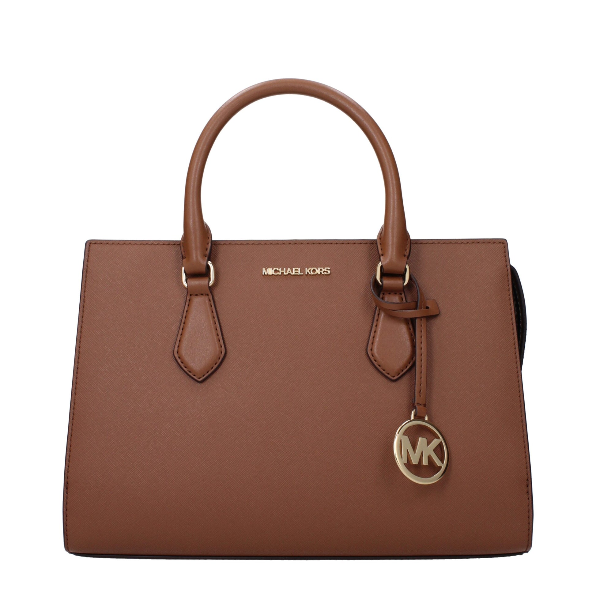 Brown handbag with gold accents and Michael Kors logo on a white background