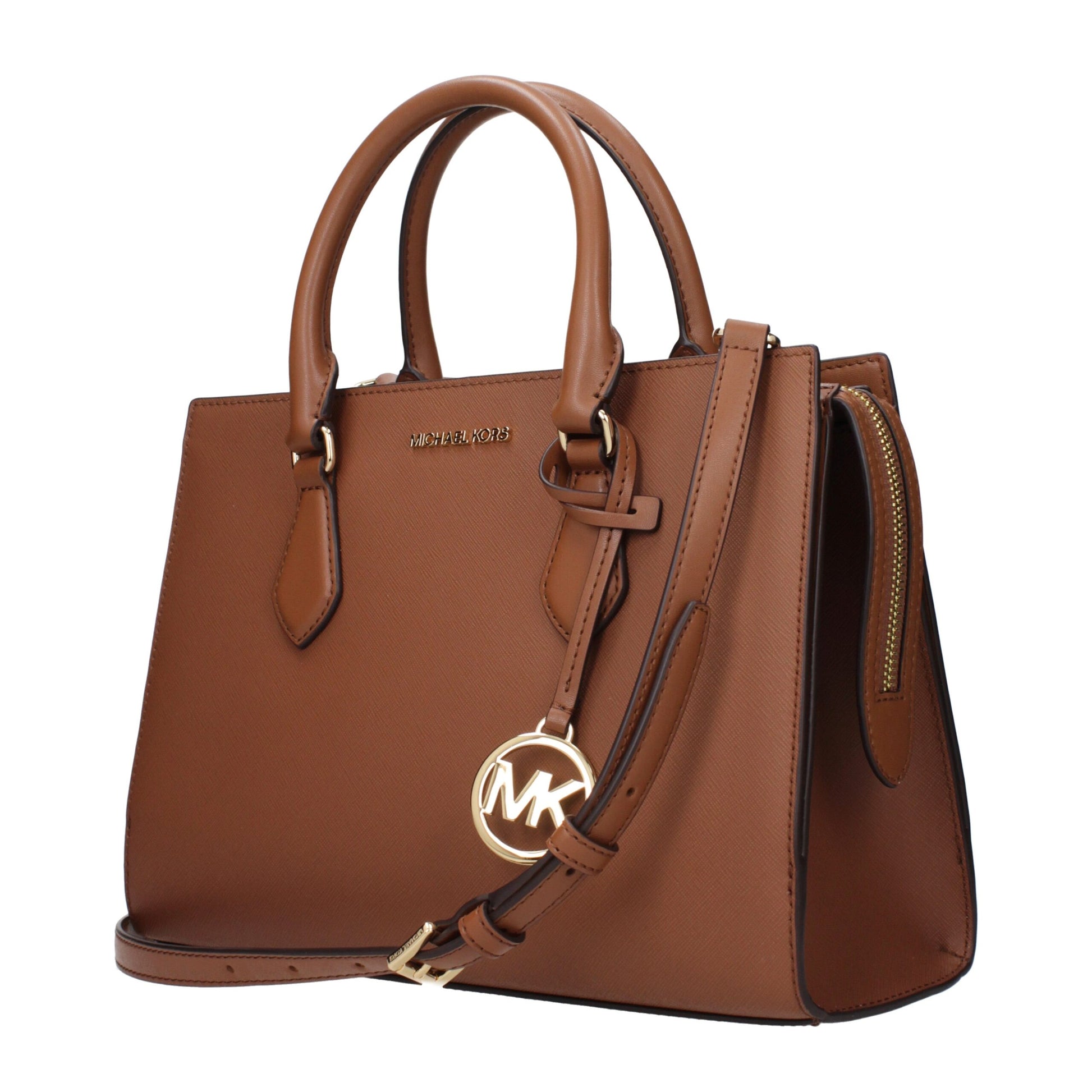 Brown handbag with gold accents on a white background