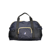 Navy duffel bag with a brand logo on a white background