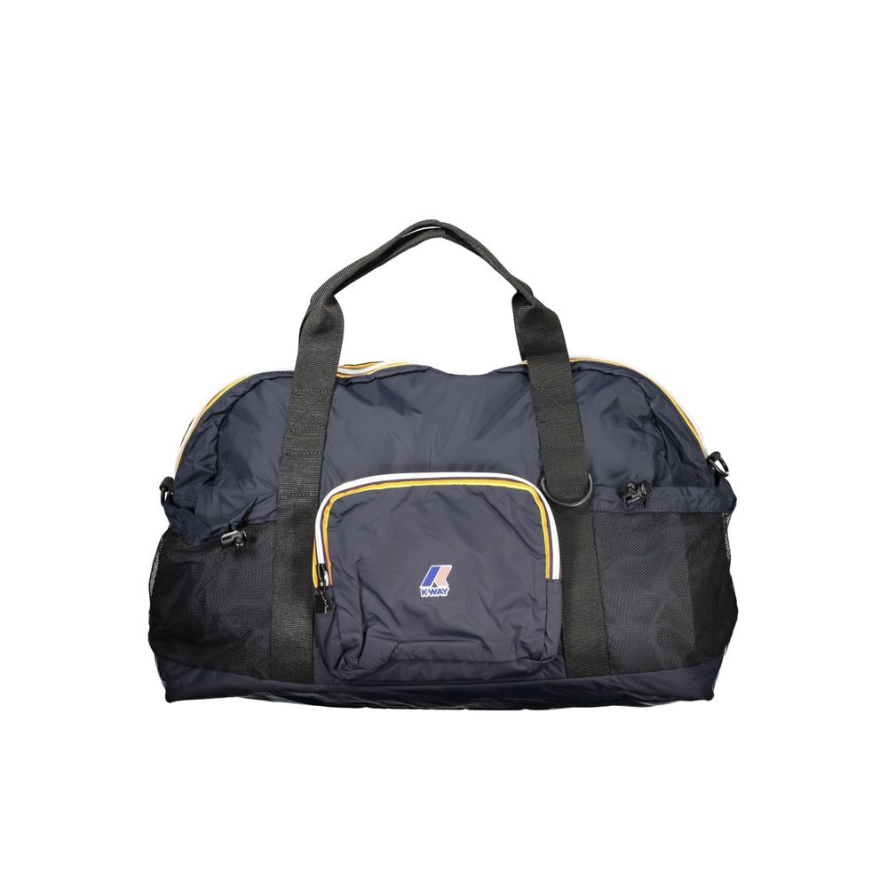 Navy duffel bag with a brand logo on a white background
