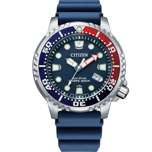 Citizen watch with blue strap and red and blue bezel on a white background