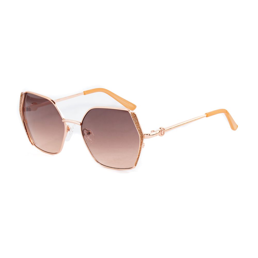 Sunglasses with gold frame and brown gradient lenses on a white background