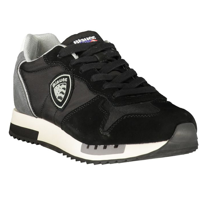 Black sneaker with a brand logo on a white background