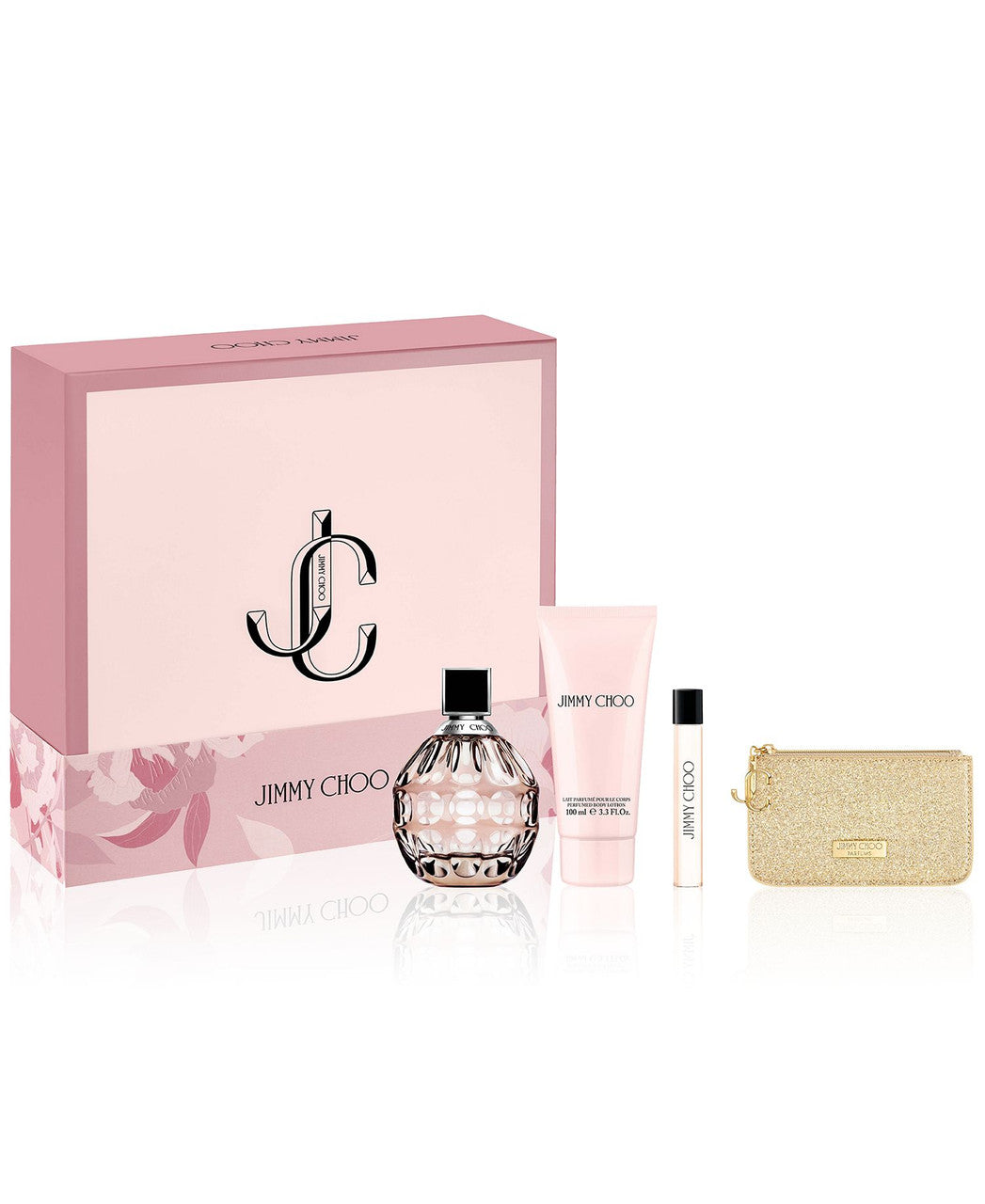 JIMMY CHOO 4 PCS SET FOR WOMEN: 3.3 EAU DE PARFUM SPRAY + 0.25 EAU DE PARFUM SPRAY + 3.3 BODY LOTION + POUCH Main image
