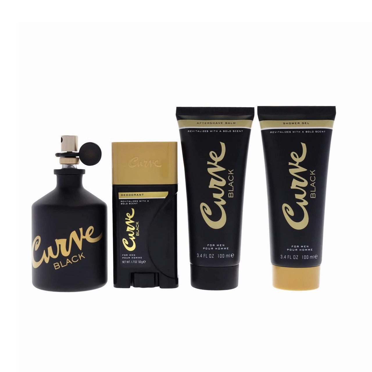 CURVE BLACK 4 PCS SET FOR MEN: 4.2 EAU DE COLOGNE SPRAY + 3.4 AFTER SHAVE BALM + 3.4 SHOWER GEL + 1.7 DEODORANT STICK
