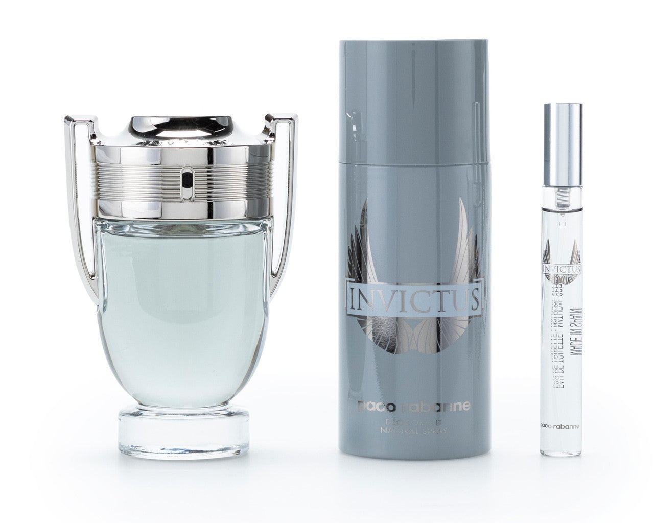 PACO RABANNE INVICTUS 3 PCS SET FOR MEN: 3.4 EAU DE TOILETTE SPRAY + 5.1 DEODORANT SPRAY + 0.34 EAU DE TOILETTE SPRAY. Main image