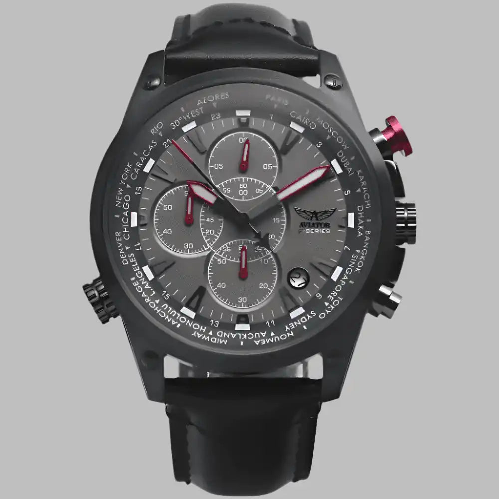 Aviator Black wrist watch with detailed face on a gray background
