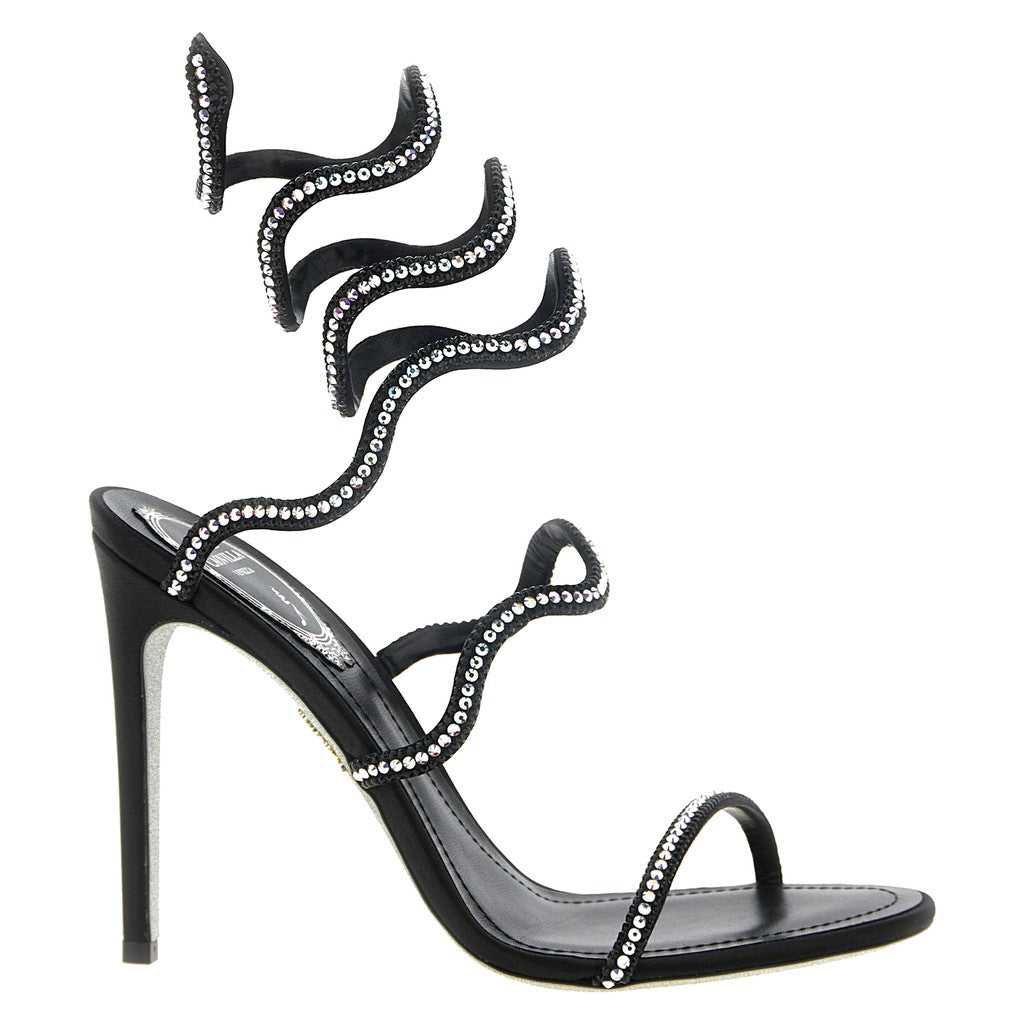 RENE CAOVILLA Black Satin Stiletto Heel Sandals for Women