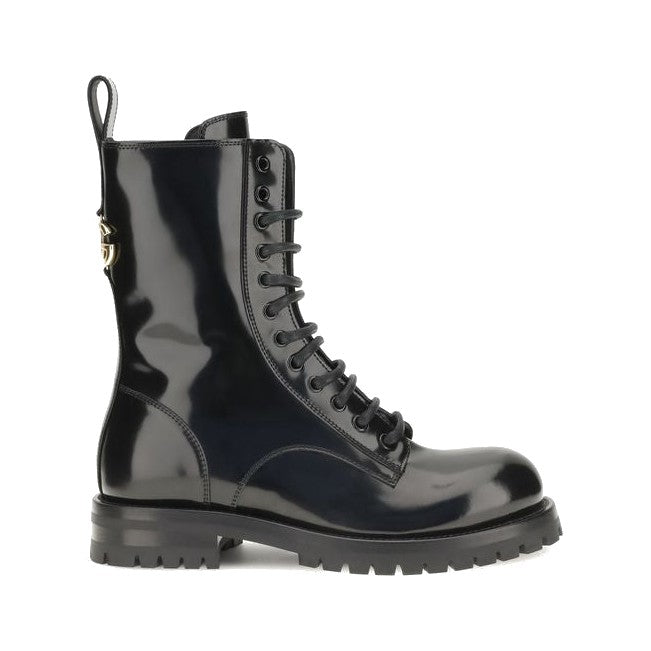 Dolce & Gabbana Black Calf Leather Bos Taurus Lace-Up Boots for Women
