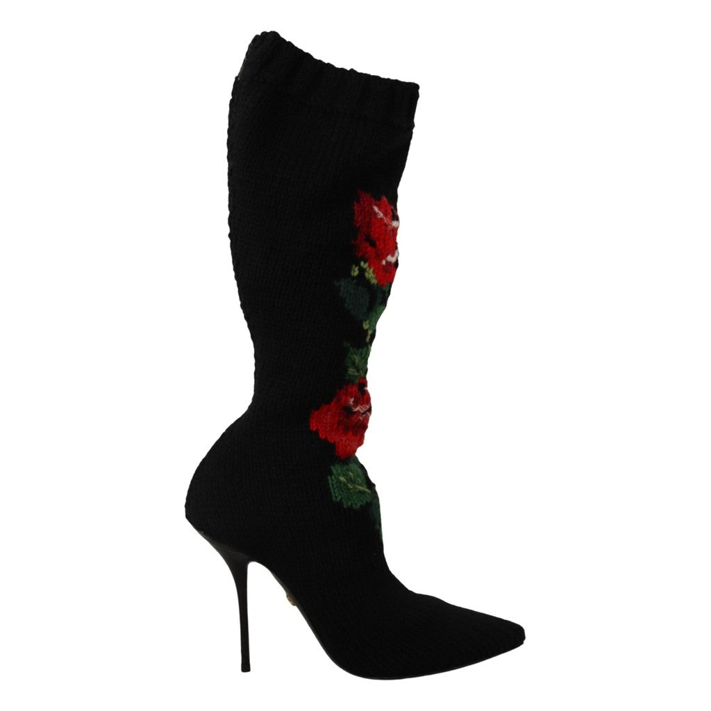 Dolce & Gabbana Black Stretch Socks Red Roses Booties Shoes for Women