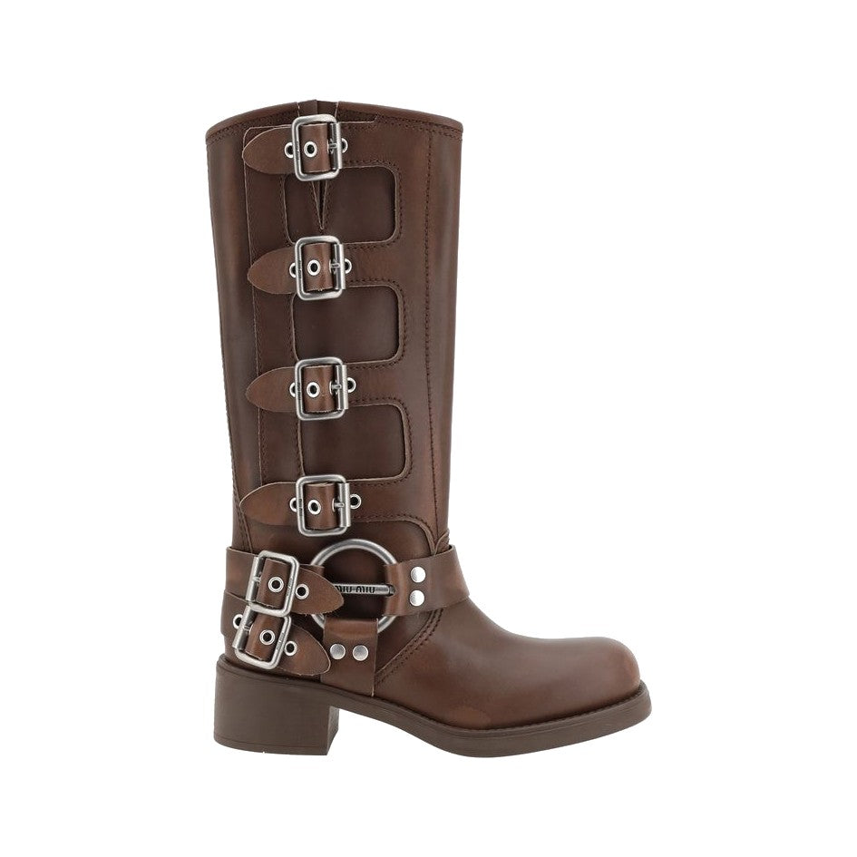 Miu Miu Brown Calf Leather Bos Taurus Lace-Up Boots for Women