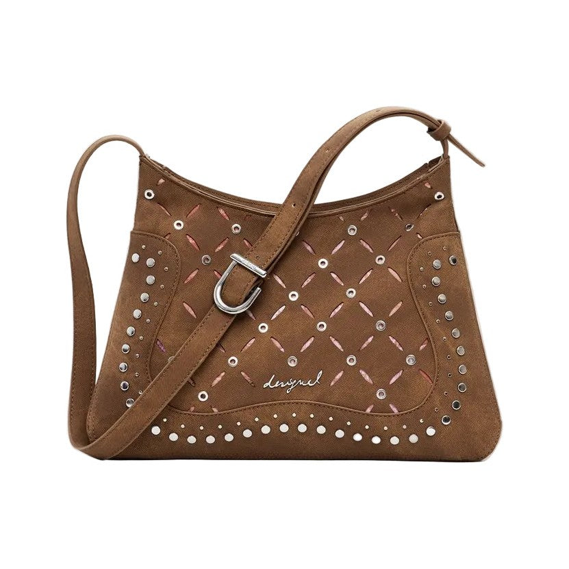 Brown handbag with decorative studs on a white background