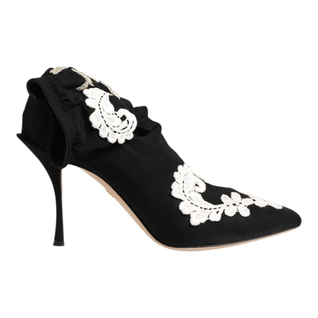 Dolce & Gabbana Black White Embroidered Jersey Stiletto Boots Shoes for Women
