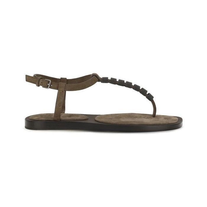 Brunello Cucinelli Brown Calf Leather Bos Taurus Flat Sandals for Women