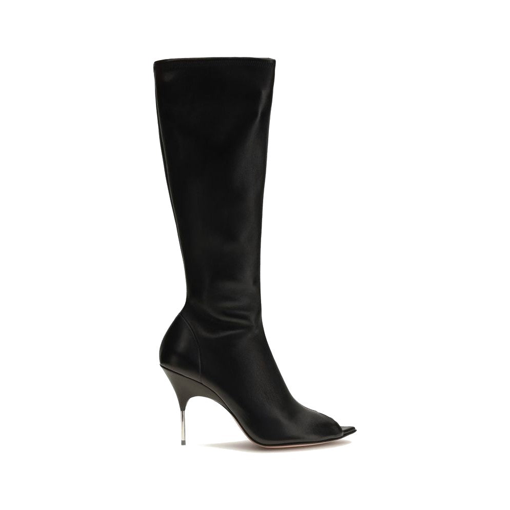 Amina Muaddi Black Napa Leather / Calf Bos Taurus High Heel Boots for Women