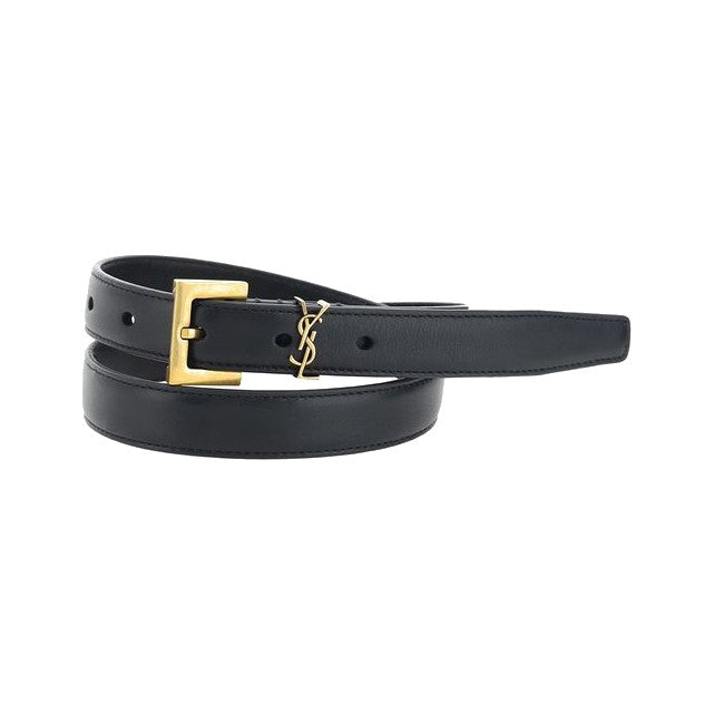 Saint Laurent Black Calf Leather Bos Taurus Thin Belt for Women