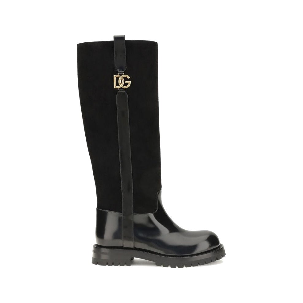Dolce & Gabbana Black Calf Leather Bos Taurus Flat Boots for Women