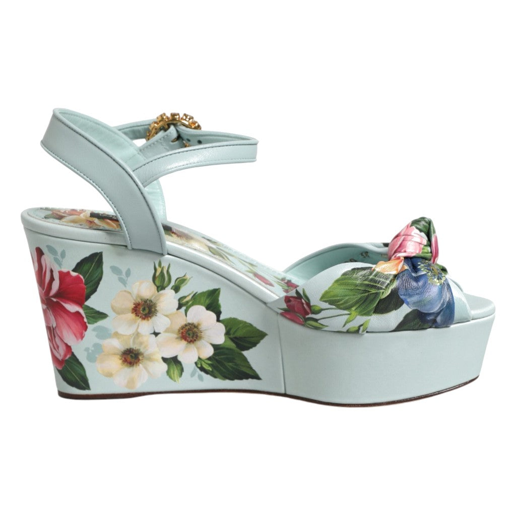 Dolce & Gabbana Green Floral Ankle Strap Wedge Sandals Shoes for Women