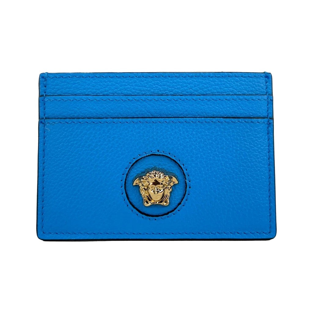 Versace Mini Medusa Blue Grainy Leather Slim Card Case Wallet for Women