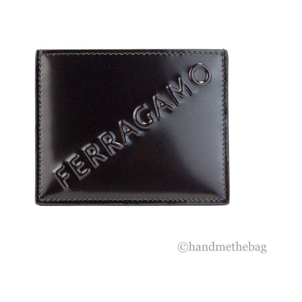 Salvatore Ferragamo Slim Black Embossed Patent Leather Card Case Wallet for Men
