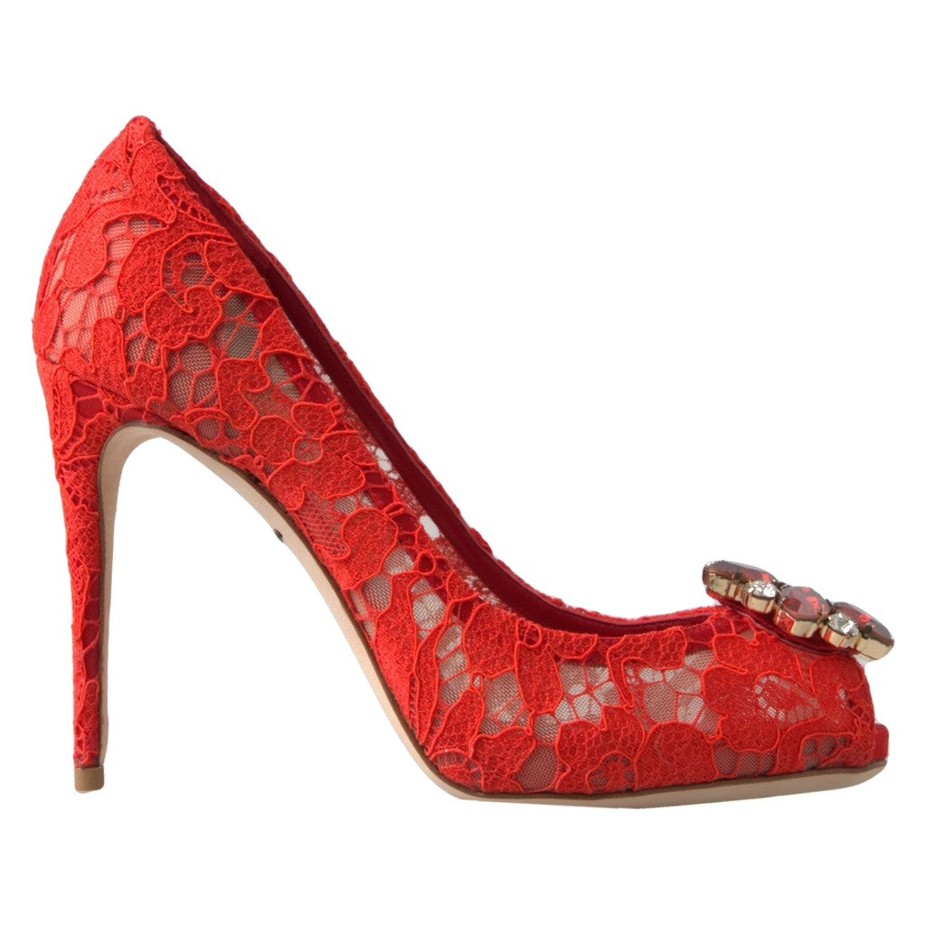 Dolce & Gabbana Red Taormina Lace Crystal Heels Pumps Shoes for Women