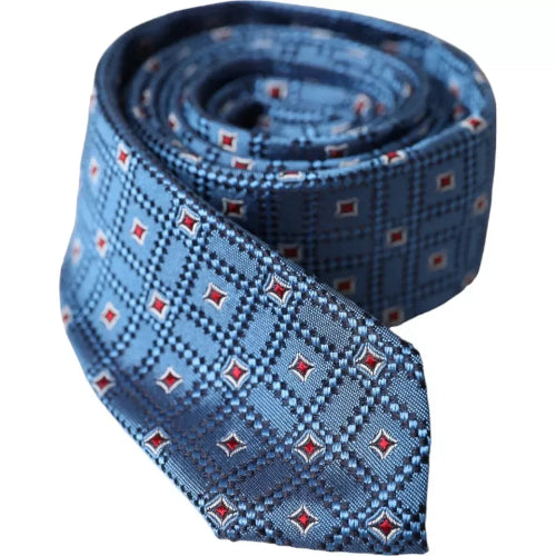 Blue patterned tie on a white background