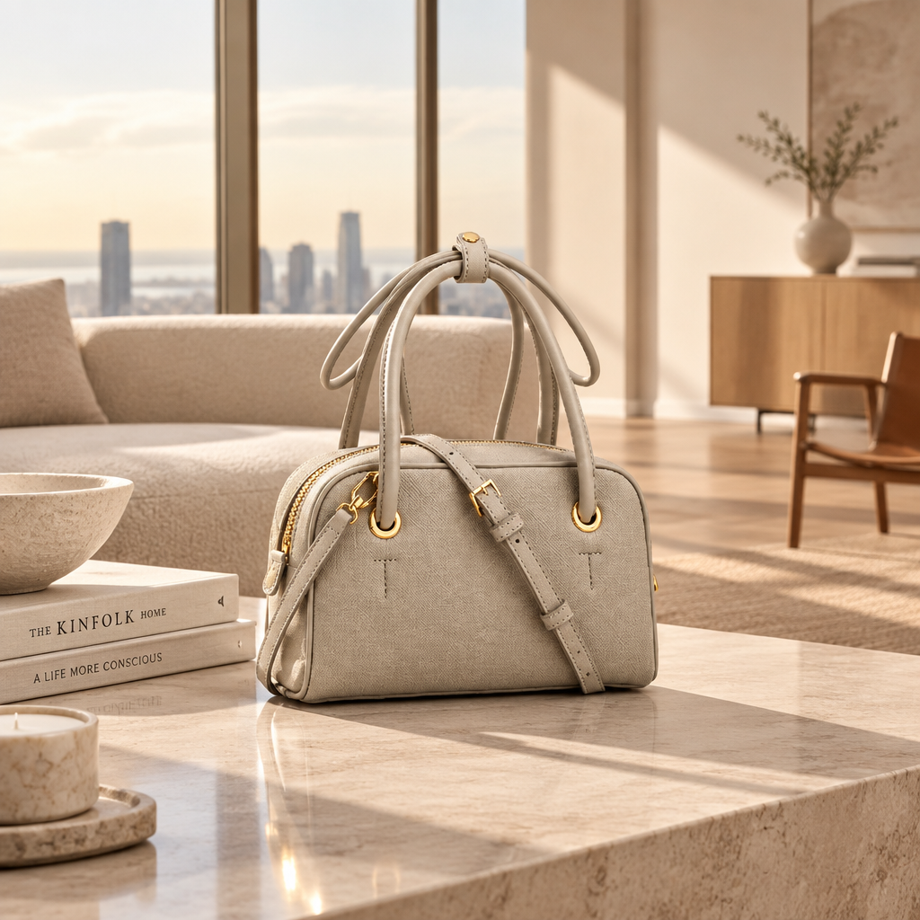 A light taupe textured leather handbag with gold-tone hardware, featuring dual top handles and a detachable shoulder strap, set against a solid light gray background.