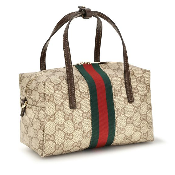 Gucci GG Supreme canvas handbag with brown leather handles and a signature green and red web stripe on the front, shown on a white background.